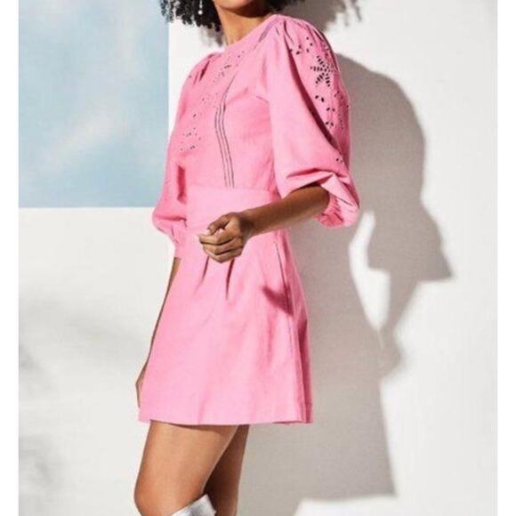 Happyxnature Kate Hudson Cara Eyelet Embroidered Mini Dress Pink Cotton Size 2 - Picture 2 of 10
